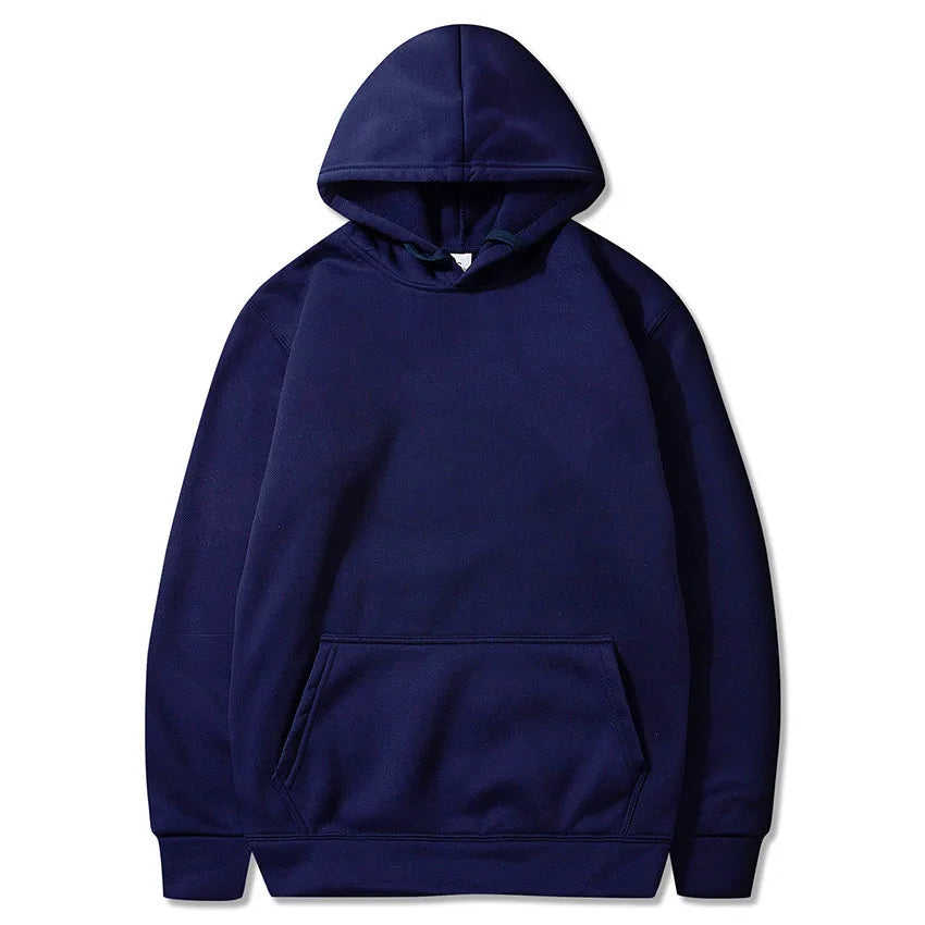 Navy fleece pullover hoodie with a kangaroo pocket and ribbed cuffs