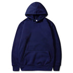 Navy fleece pullover hoodie with a kangaroo pocket and ribbed cuffs