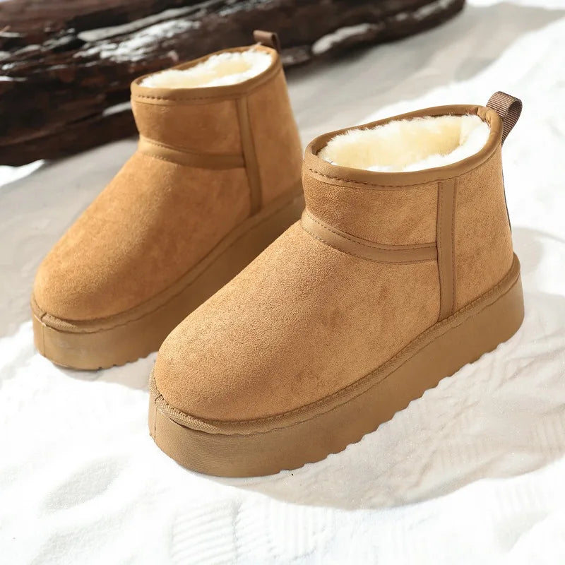 Khaki faux suede ankle boots with cream faux fur lining and chunky platform soles