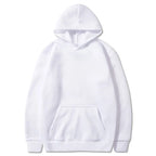 White fleece pullover hoodie with a kangaroo pocket and ribbed cuffs