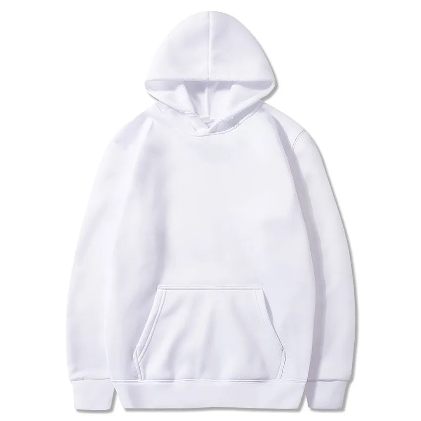 White fleece pullover hoodie with a kangaroo pocket and ribbed cuffs