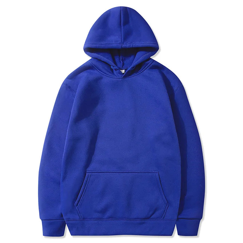 Blue fleece pullover hoodie with a kangaroo pocket and ribbed cuffs