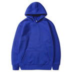 Blue fleece pullover hoodie with a kangaroo pocket and ribbed cuffs