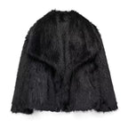 Black faux fur jacket with oversized collar and relaxed fit