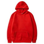 Red fleece pullover hoodie with a kangaroo pocket and ribbed cuffs