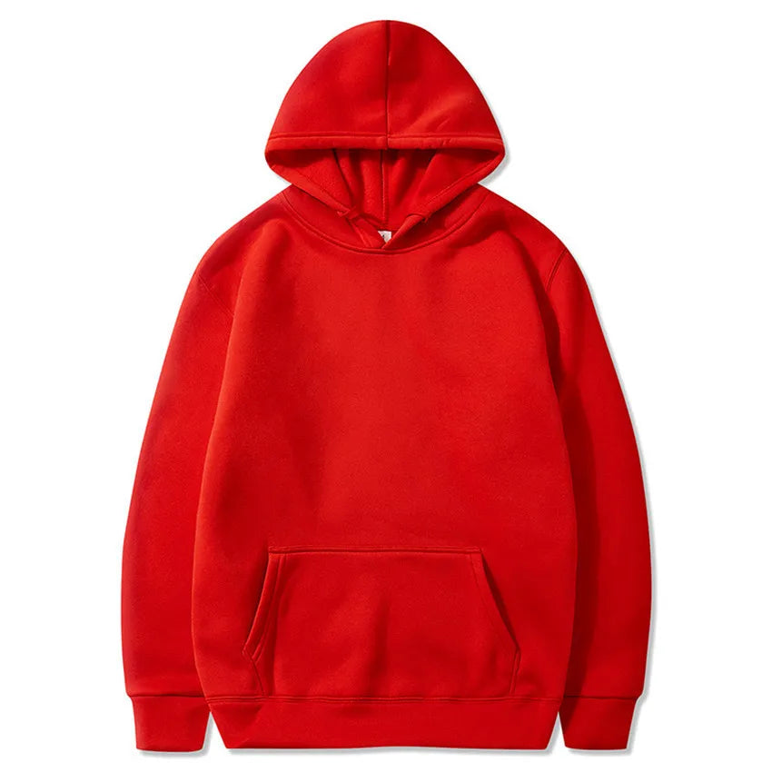 Red fleece pullover hoodie with a kangaroo pocket and ribbed cuffs