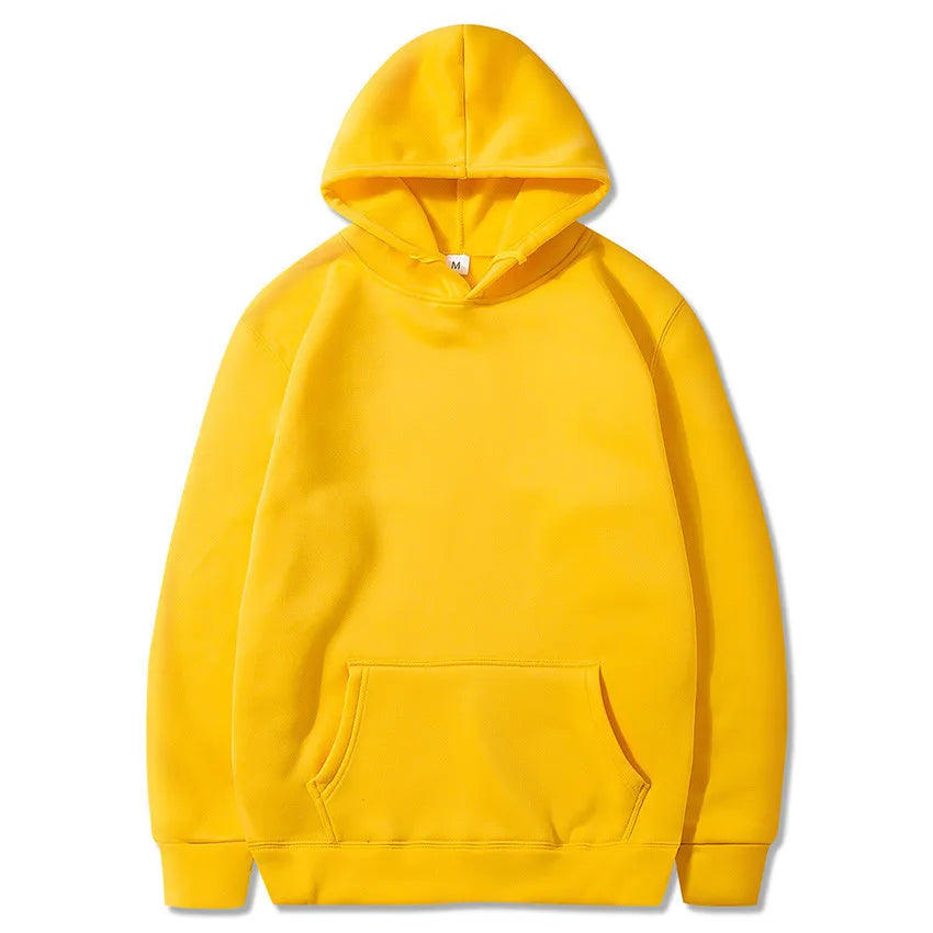 Yellow fleece pullover hoodie with a kangaroo pocket and ribbed cuffs