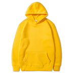 Yellow fleece pullover hoodie with a kangaroo pocket and ribbed cuffs