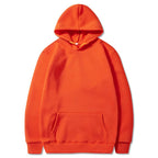 Bright orange fleece pullover hoodie with a kangaroo pocket and ribbed cuffs
