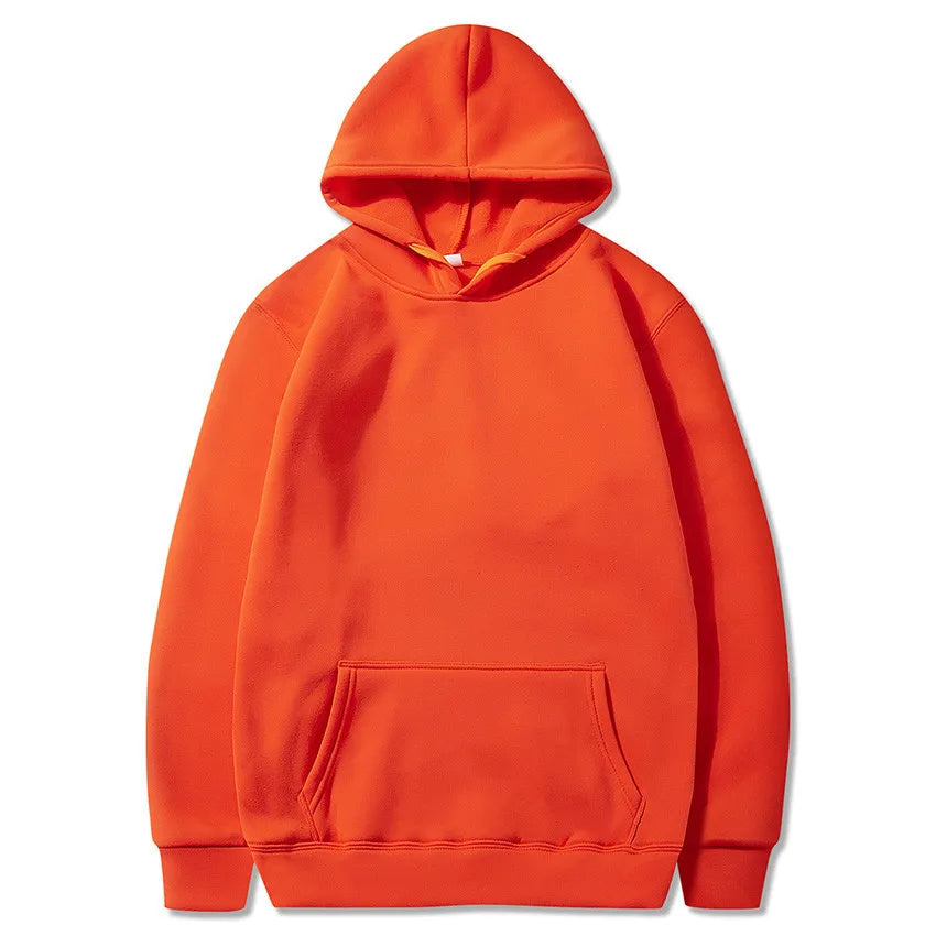 Bright orange fleece pullover hoodie with a kangaroo pocket and ribbed cuffs