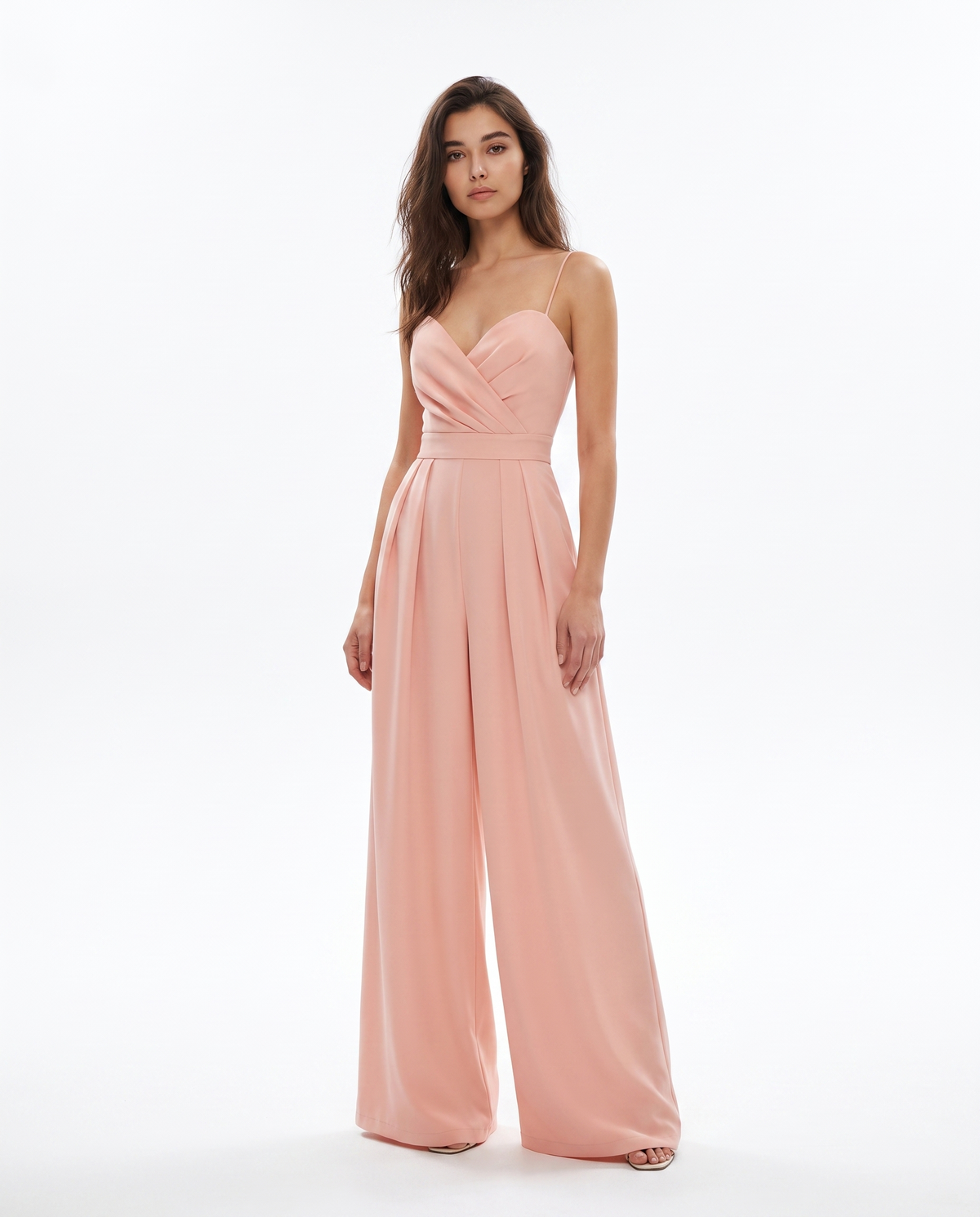 Women’s strappy wide-leg jumpsuit, blush/pink sweetheart bodice and wide pant legs