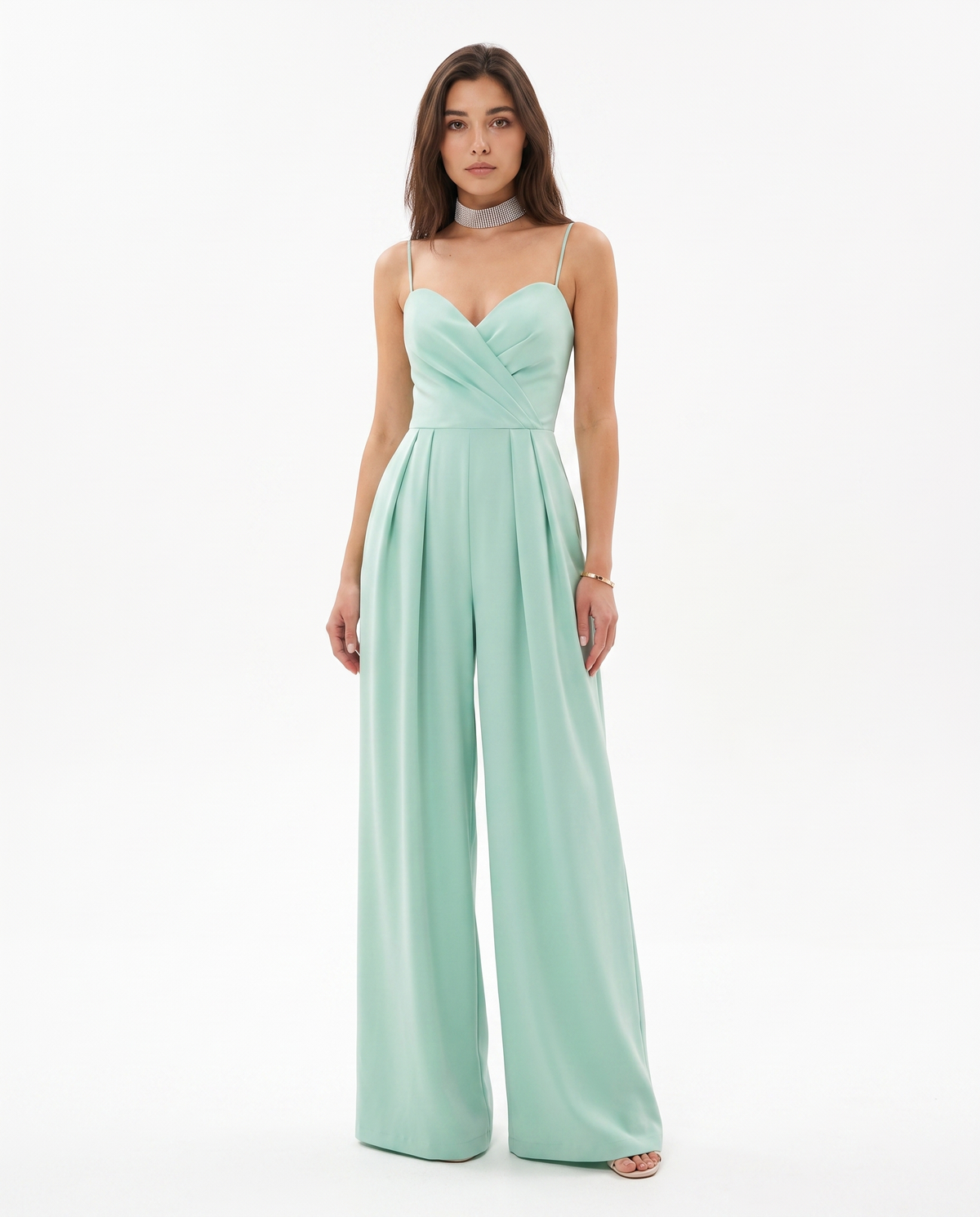 Women’s strappy wide-leg jumpsuit, mint/turquoise sweetheart bodice with wide-leg drape