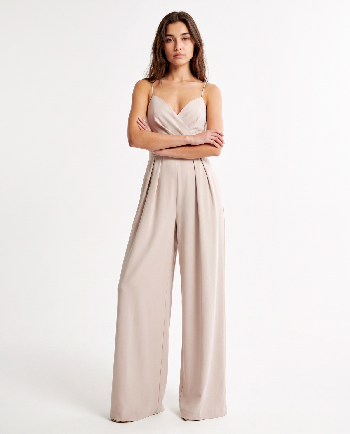 Women’s strappy wide-leg jumpsuit, light apricot/taupe sweetheart bodice and wide legs