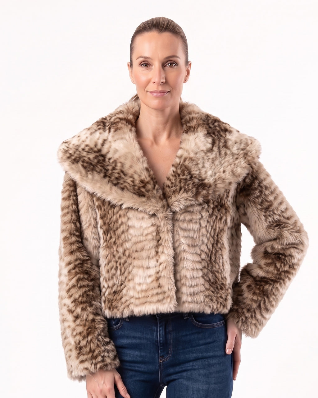 Snake print faux fur cropped jacket with oversized collar, button front and long sleeves
