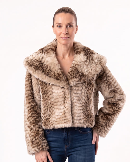 Snake print faux fur cropped jacket with oversized collar, button front and long sleeves