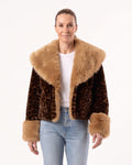 Beige faux fur cropped jacket with oversized collar, button front and long sleeves