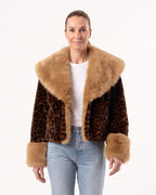 Beige faux fur cropped jacket with oversized collar, button front and long sleeves