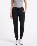Women’s black slim-fit performance jogger pants with drawstring waist and ankle cuffs