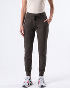 Women's olive slim-fit performance jogger pants with pockets and drawstring waist