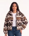 Cropped sherpa jacket with full zip, collar, and Southwestern geometric print in cream, brown, and black