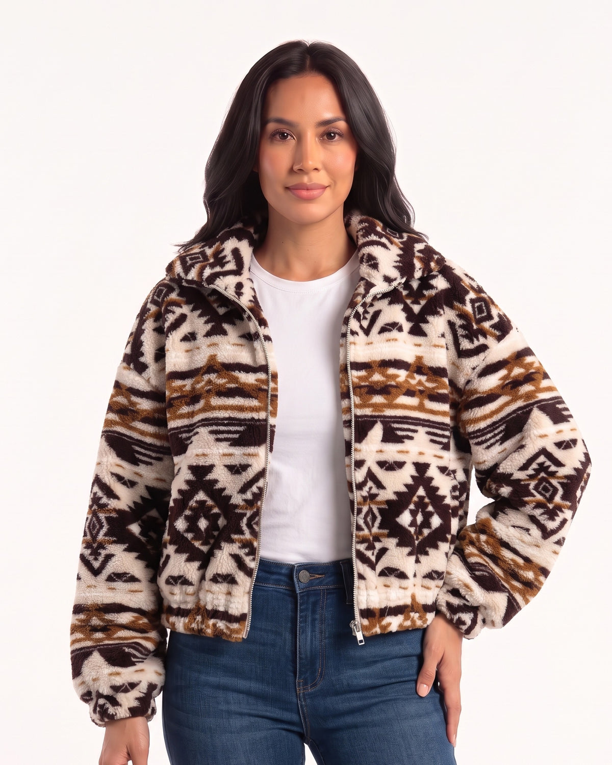 Cropped sherpa jacket with full zip, collar, and Southwestern geometric print in cream, brown, and black