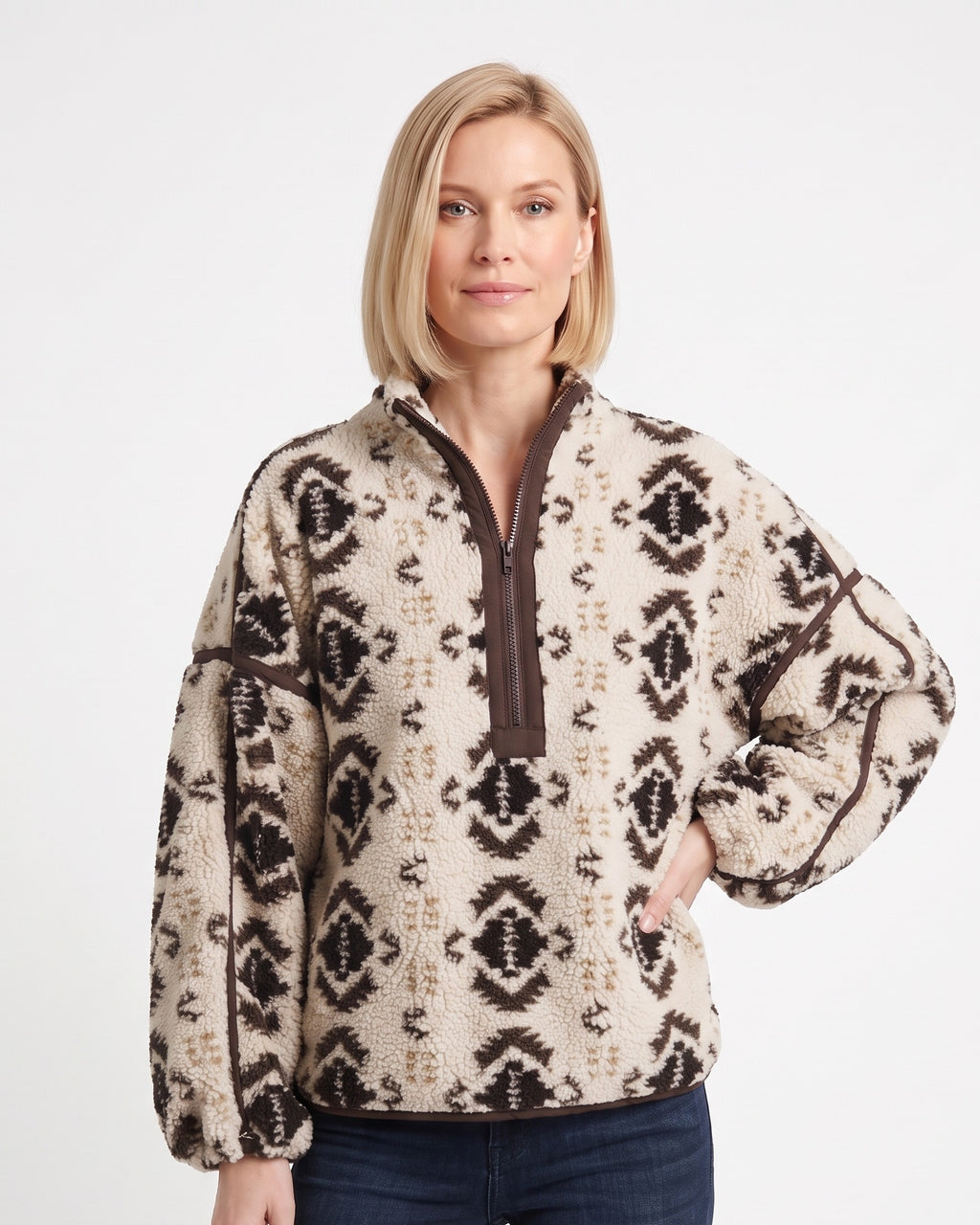 Women’s sherpa fleece quarter-zip pullover, cream with black Aztec pattern