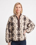 Women’s sherpa fleece quarter-zip pullover, cream with black Aztec pattern