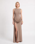 Taupe sleeveless boat-neck maxi dress with draped cowl waist and high slit