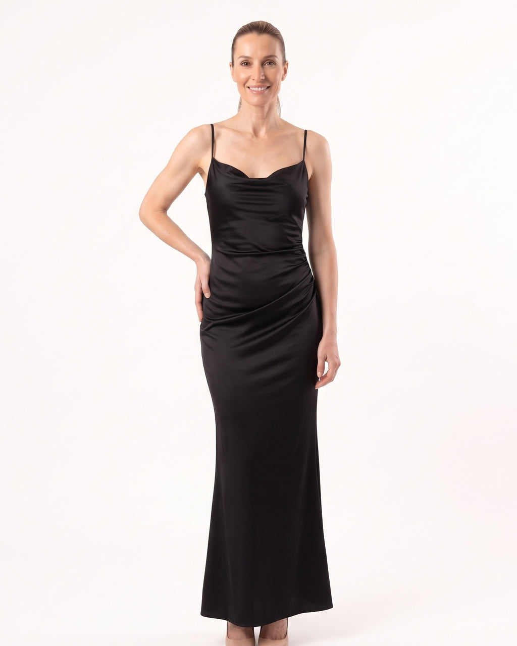 Black satin maxi slip dress with thin straps and cowl neckline, sleek fitted drape.
