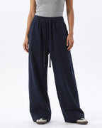 Women's navy wide-leg sweatpants with elastic waistband and drawstring ties