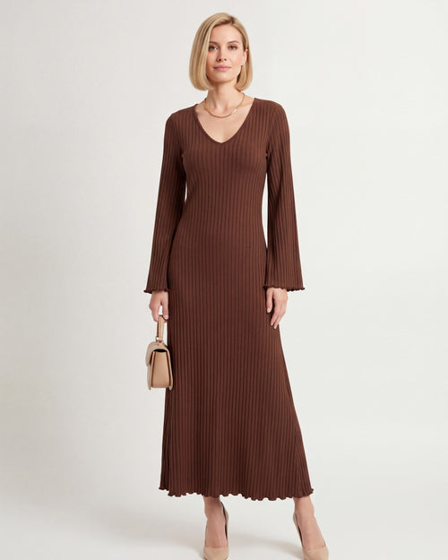 Brown ribbed knit maxi dress with V-scoop neckline, tie waist, bell sleeves.