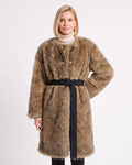 Brown shaggy faux fur coat with wide buckle belt, collarless, long sleeves.