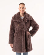 Women’s taupe-brown shaggy faux fur coat, wide collar, double-breasted, waist belt