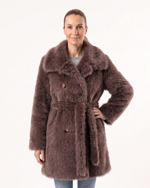 Women’s taupe-brown shaggy faux fur coat, wide collar, double-breasted, waist belt