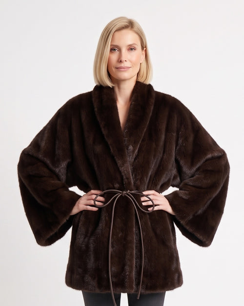 Women’s dark brown faux fur wrap coat with shawl collar and tie belt