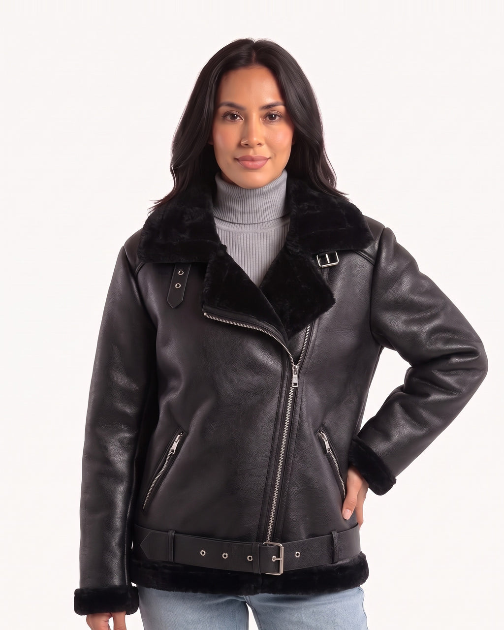 Women’s belted faux shearling aviator jacket worn, front zip and zip pocket details