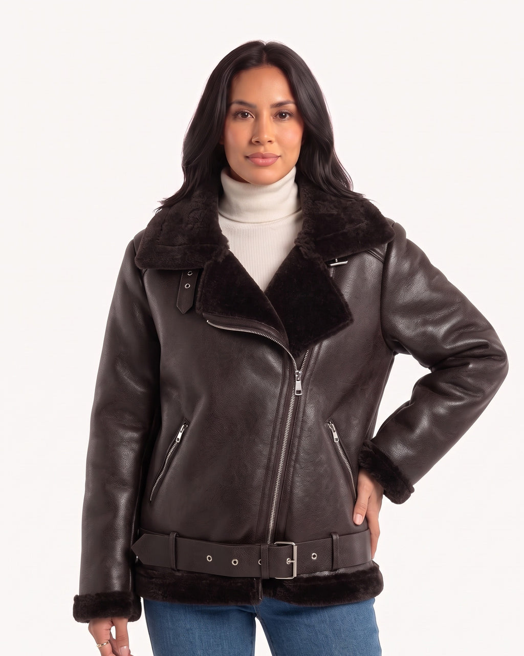 Women’s faux shearling aviator jacket, side view with belt, front zipper, and zip pockets