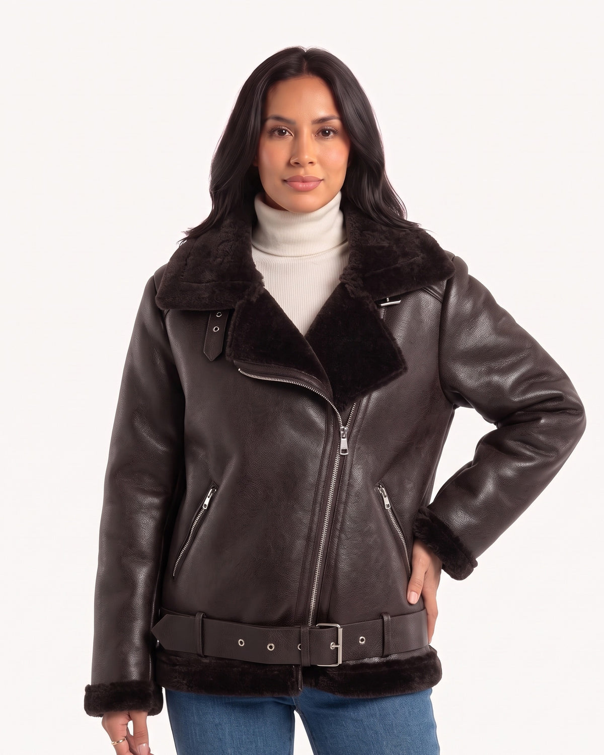 Women’s faux shearling aviator jacket, side view with belt, front zipper, and zip pockets