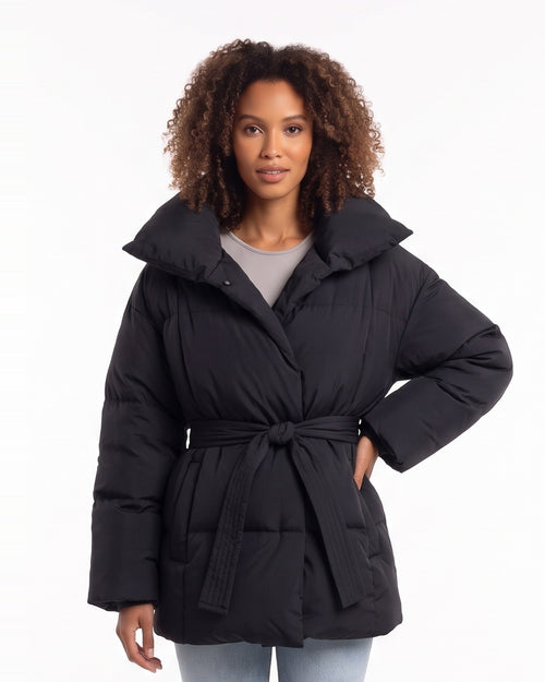 Women’s belted puffer coat in black matte nylon with shawl collar and waist tie
