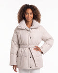 Women’s belted puffer coat in light beige matte nylon with button front and tie belt