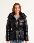 Black glossy hooded belted puffer jacket with tie waist, stand-collar zip front