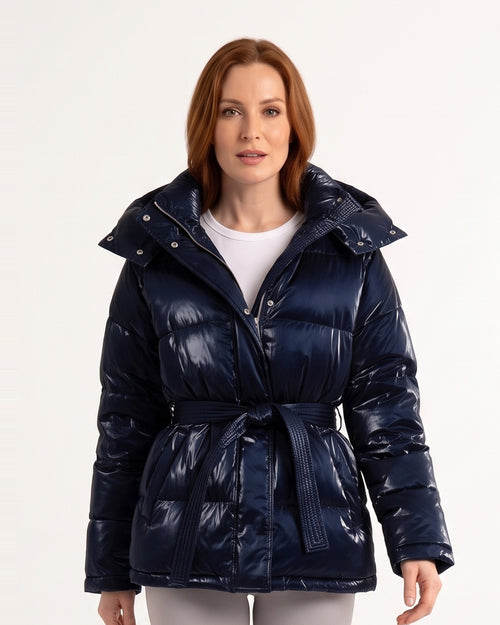 Dark blue glossy belted puffer jacket with hood, tie waist, long sleeves, zip front