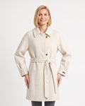 Off-white wool coat with a notched collar, button front, raglan sleeves and tied belt