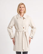 Off-white wool coat with a notched collar, button front, raglan sleeves and tied belt