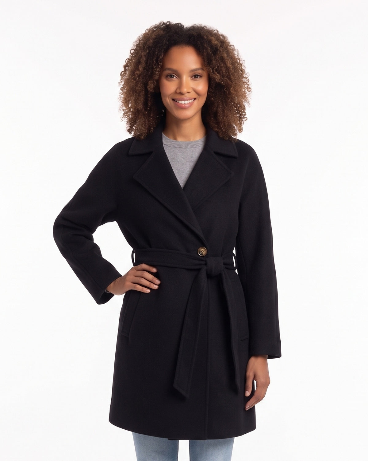 Women's black belted wool wrap coat with notch lapels and tie waist