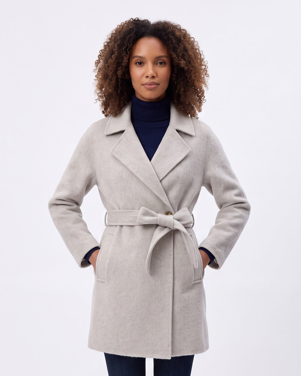 Women's belted wrap wool coat, light gray, notch lapel, tie waist