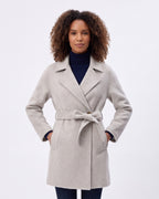 Women's belted wrap wool coat, light gray, notch lapel, tie waist