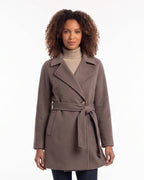 Women's belted wrap wool coat, taupe, notch lapel, tie waist