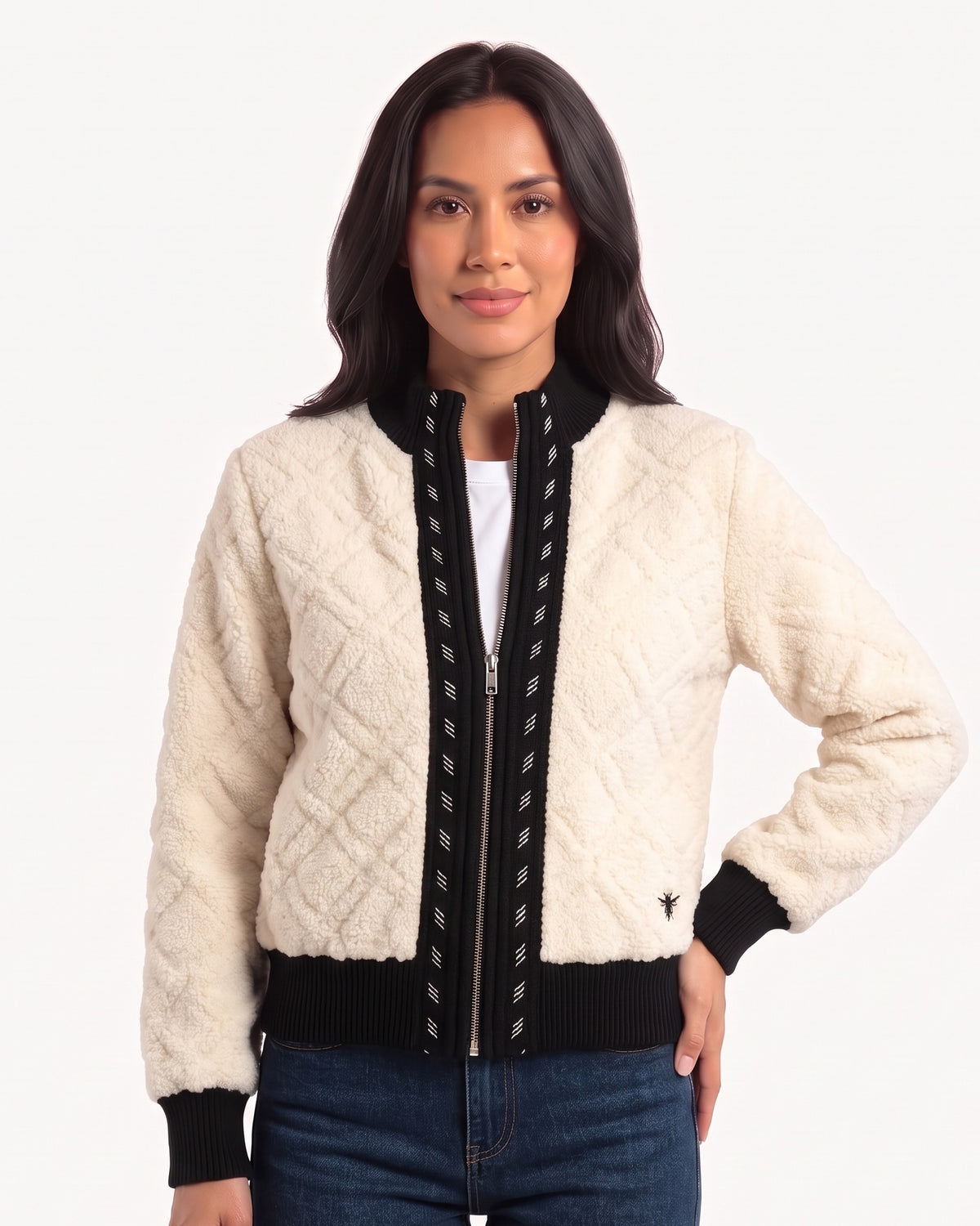 Women’s cropped boucle zip-up cardigan, cream with black stand-collar trim