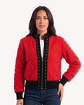 Women’s cropped boucle zip-up cardigan, red with black stand-collar trim